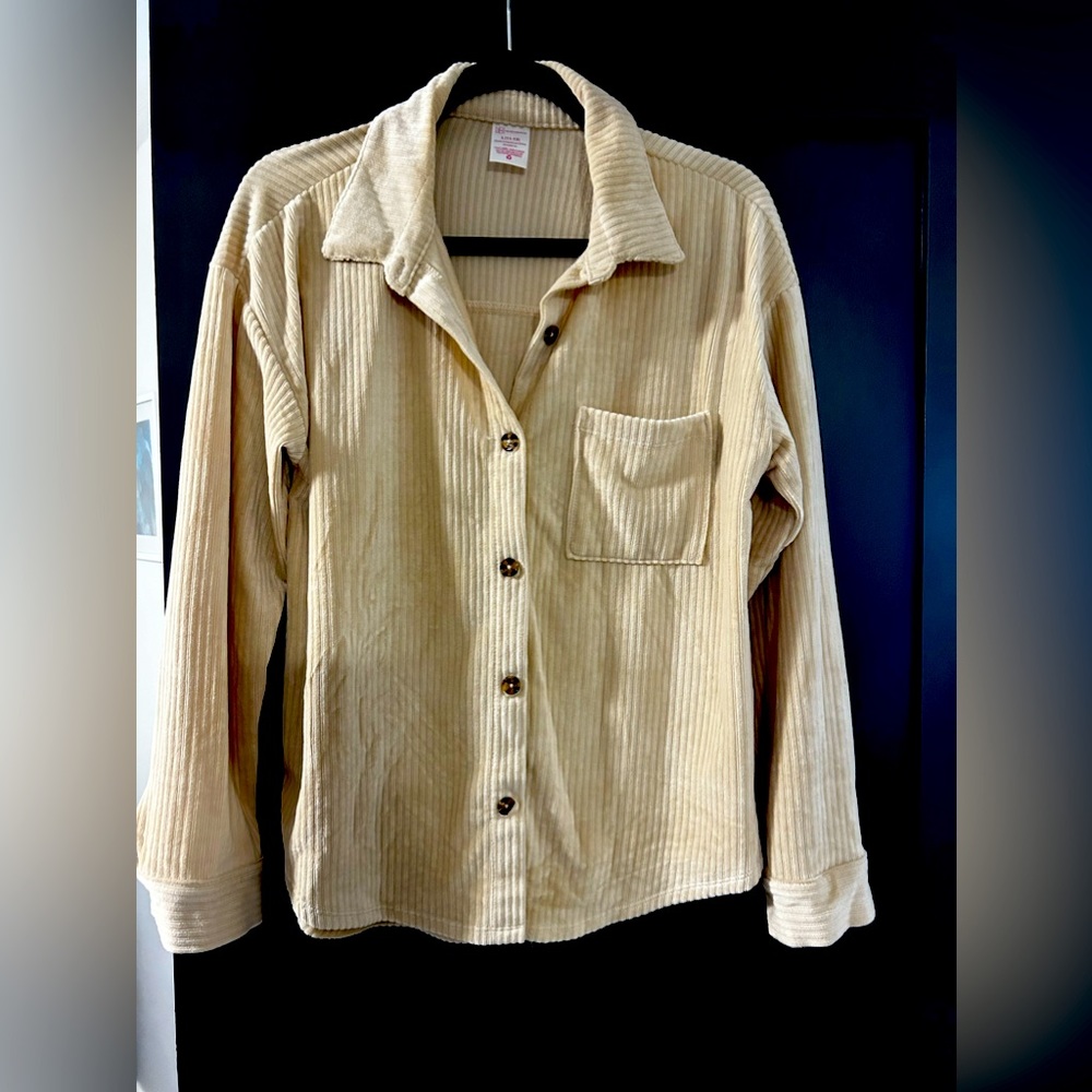 Beige, corduroy like, button up, top, comfortable, long sleeve